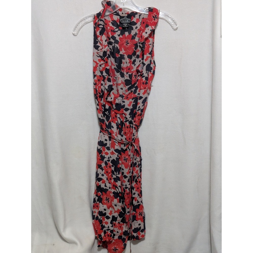 Angie Women Red Black Floral Ruffle V-Neck Rayon Tie Waist Midi Dress Small